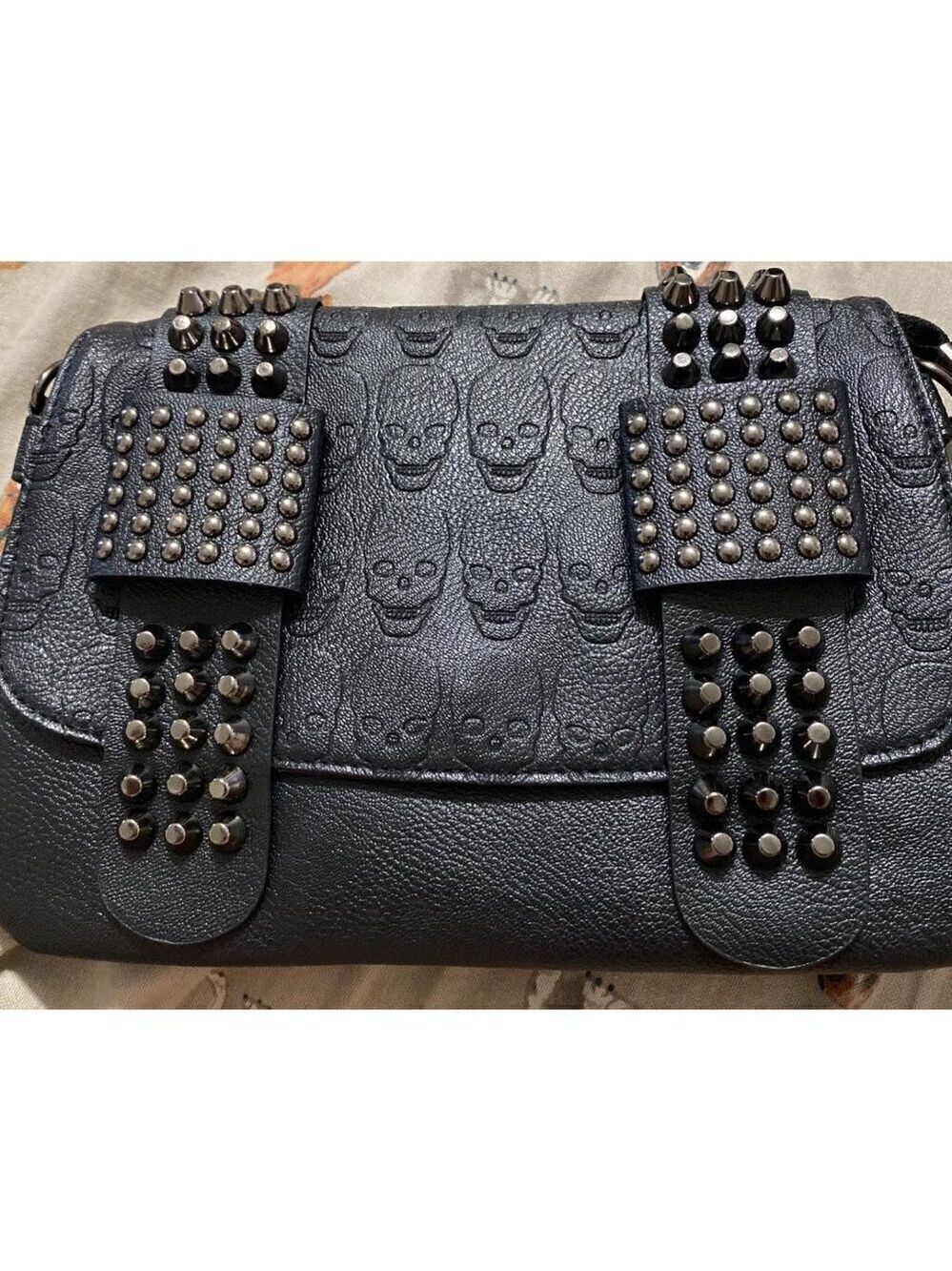 Black Leather Skull Crossbody Bag Chain Gothic Shoulder Biker Rocker Studded NWT - Picture 10 of 11
